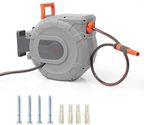 Crystals Hose Reel – Wall Mounted Hose Reels for Garden, Retractable, Auto Lock & Auto Rewind Pipe 180°, Includes Wall Fixings & Ready for Outdoor Use with Nozzle, Accessories, Grey (25m Hose Reel)