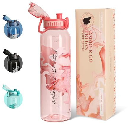 UZSPACE Botella Agua Deportiva, 1 Litro Botella Agua Gimnasio sin BPA, A Prueba de Fugas, Apertura de un Clic, Cantimplora de Plástico con Asa para Bicicleta, Colegio, Running (Rubor-Arte)