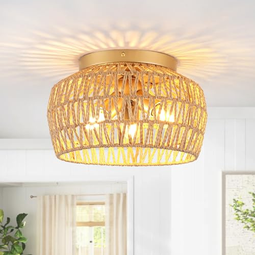 Deckenlampe Boho 3 Flammig - Gold Rattan Deckenleuchte E27 für Wohnzimmer