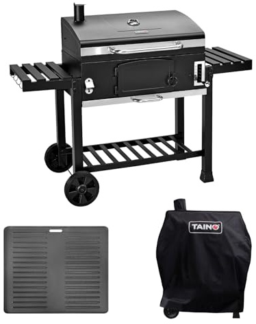 TAINO HERO XXL Holzkohlegrill Set Abdeckhaube Grillplatte Smoker Grillwagen BBQ