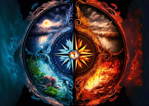 Puzzle 1000 Teile Welten-Reise - Kompass Yin Yang Fantasy | Energiereiches Kompassmotiv mit Feuer, Wasser und Yin-Yang-Kraft - Puzzle-Qualität made in Germany - Ulmer Puzzleschmiede