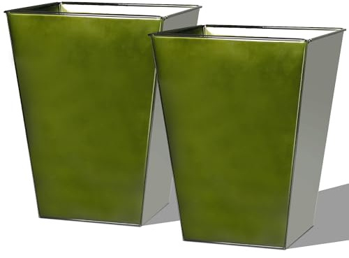 JonesHouseDeco Großer Metall-Pflanztopf für den Garten, 2 Stück, für Haustür, breit, konisch, 35 (B) x 45 (H) cm, luxuriös, glänzend, glasiert, grün, quadratisch, Farn-Topf, für drinnen und draußen