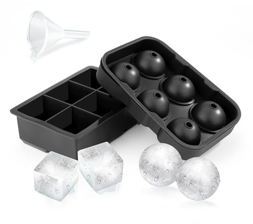 Yesaler Bandejas de Cubitos de Hielo de Silicona Moldes Bolas de Hielo con Embudo Moldes Cuadrados Grandes de 6 Compartimentos de Cubitos de Hielo para Bebidas, Whisky y Cócteles, 2 Piezas (Negro)