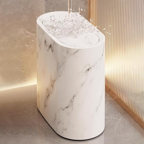 Bathroom Trashcans with Lids, Plastic Marble Wood Pattern Trash Can Small Garbage Bin with Lid for Bathroom Narrow Wastebasket Modern Waste Basket for Home Indoor Hotel (White)
