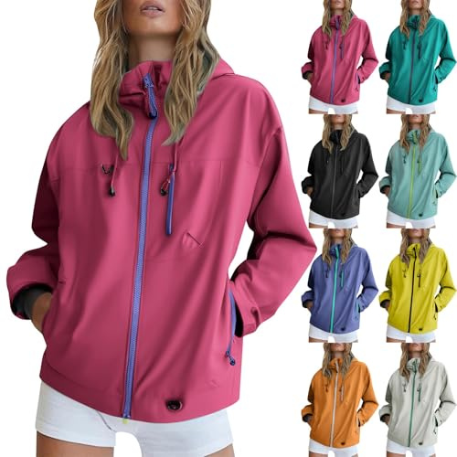 Vestes imperméables d'extérieur pour femmes, veste coupe-vent avec capuche pour femmes, veste de pluie de couleur unie avec poches à fermeture éclair, veste coupe-vent légère pour la marche, les