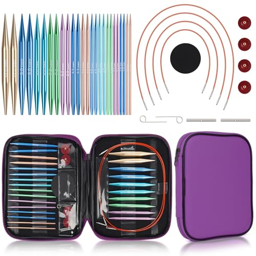 Reessy Circular Knitting Needles, 13 Pair Interchangeable Knitting Needles | Metal Circular Knitting Needles Set with Case and Accessories, Interchangeable Knitting Needles Set for Handmade-Purple
