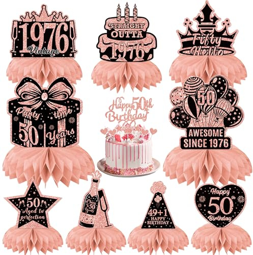50th Birthday Party Table Decorations - Rose Gold Vintage 1976 Honeycomb Centrepieces and Cake Toppers, 17 Pcs Happy 50th Birthday Table Decorations for Women