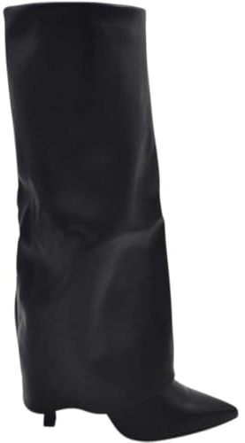 Stivali Donna al Ginocchio Shark a Punta in Pelle Nero con Risvolto Tacco a Spillo 8 Zip Intera (39 EU)