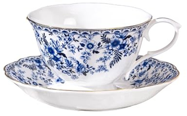 fanquare Vintage Juego de Taza de Té y Platillo de Porcelana Fina con Cuchara 230ml,Taza de Café y té de Flores Azul y Blanca Borde Dorado para Té de la Tarde Desayuno Regalo