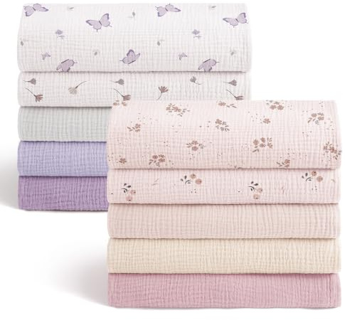 Bearmoss 100% Baumwolle Moltontücher Baby Weiche Spucktücher Baby,Atmungsaktiv und Extrem Saugfähig Musselin Tuch für Saugstark Mulltücher 10er 60x60cm(Hellrosa-Lila)