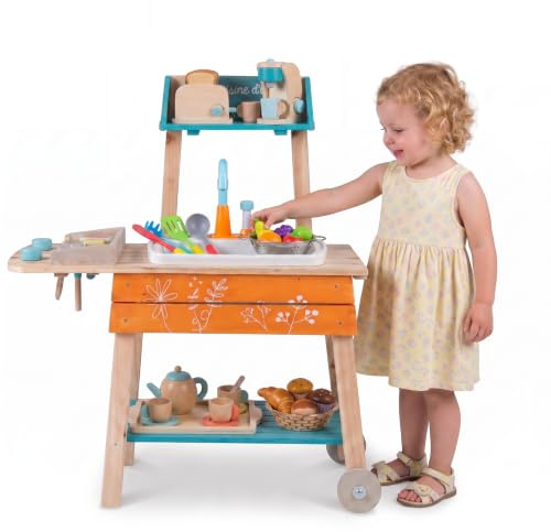 HOMASIS Cucina da Esterno Barbecue per Bambini, Cucina Giocattolo Realistica in Legno con Lavandino, Griglia, Manopole Rotanti, Scaffale Inferiore e 2 Ruote per Bambini 3+ Anni, 77 x 33 x 90 cm