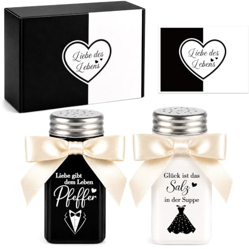 TUZELIYA Hochzeitsgeschenk für Brautpaar, Salz und Pfefferstreuer Set | Schwarz-Weiß Streuer aus Glas mit Grußkarte für Braut und Bräutigam - Verlobungsgeschenk Paar Jahrestag Geschenk Küchen Deko