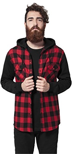 Urban Classics A Cuadros Franela con Capucha Hombre Camisa de Franela Negro/Rojo S