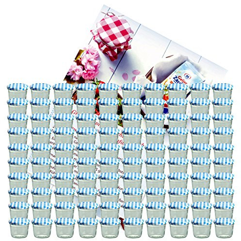 MamboCat 100er Set Sturzglas 230 ml Marmeladenglas Einmachglas Einweckglas to 82 blau Karierter Deckel incl. Diamant-Zucker Gelierzauber Rezeptheft