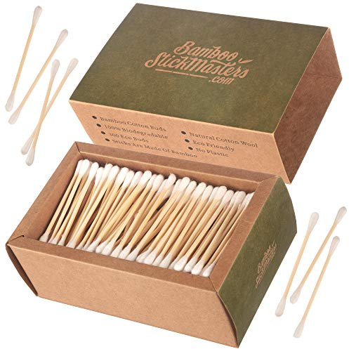 BSM Bambus-Wattestäbchen | 300 umweltfreundliche Tupfer | Natürliche Holz-Baumwoll-Ohrstöpsel für Ohrenreinigung, Make-up & Körperpflege | plastikfrei & biologisch abbaubar