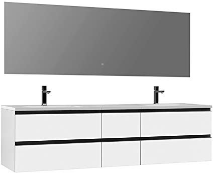 StoneArt Badmöbel-Set mit Mineralguss Waschbecken und Unterschrank und LED Spiegel Touch-Sensor Waschtisch als Einzel- oder Doppelwaschbecken Monte Carlo MC-2000 weiß 200cm