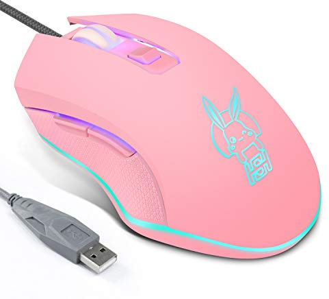 Lovely Wired USB Computer Mouse,7 Colors Backlit,Silent Buttons,2400 DPI for Girls,Students (Matte Pink)