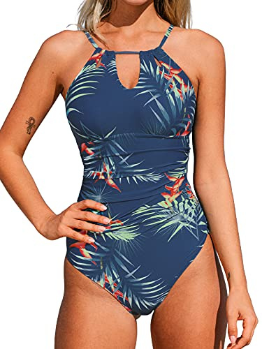 CUPSHE Damen Badeanzug High Neck Cutout Bademode Bauchweg Tropischer Blätterprint Einteilige Strandmode Swimsuit Blau/Blätter XL