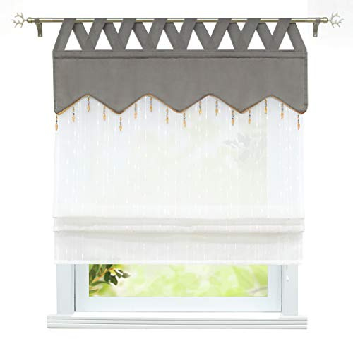 ESLIR Raffrollo mit Schlaufen Raffgardinen Transparent Küche Gardinen Landhausstil Schlaufenrollo Leinen Grau BxH 80x140cm 1 Stück