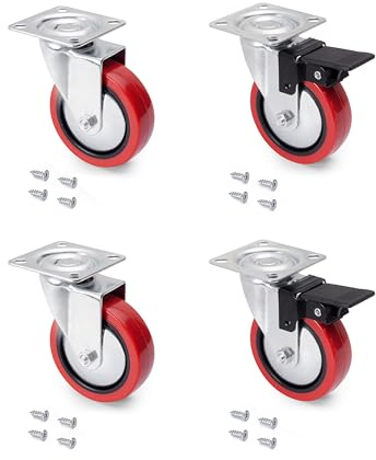 Emuca - Rollen-Kit Red mit montierter Platte, Rote Räder Ø75mm, 2 Rollen mit Bremse und 2 Rollen ohne Bremse, Stahl und Kunststoff