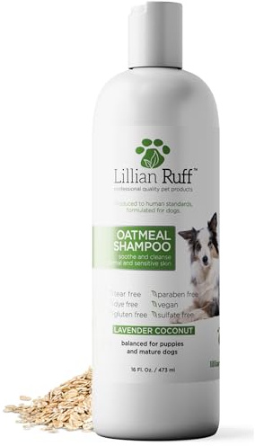 Lillian Ruff PRO Formula Deodorizing Oatmeal Dog Shampoo - Calms Itching & Allergies, Ultra-Nourishing Dry Skin Relief - Oatmeal, Aloe, Coconut Oil, Lavender & Provitamin B5 - Made in USA (16oz)
