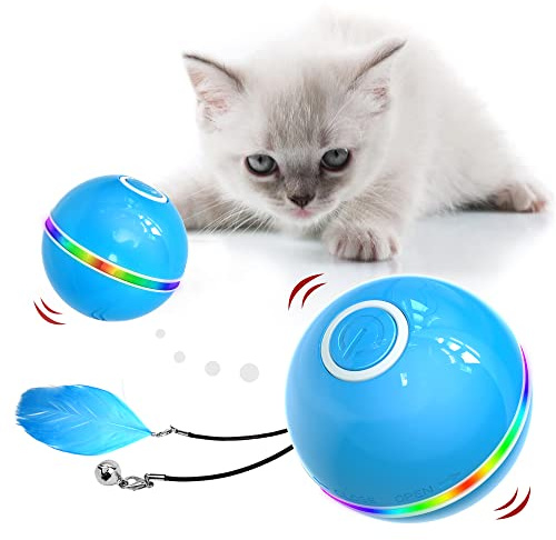 IOKHEIRA Katzenball mit LED-Licht, Elektrisch Zwei-Farben Katzenspielzeug Ball interaktives Spielzeug für Katzen, selbstdrehender 360-Grad-Ball, wiederaufladbares interaktives Blau Ball