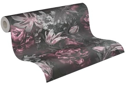 A.S. Création Rosen-Vliestapete – Rosa, Grau, Schwarz – 0,53 x 10,05 m | Florales Rosen-Motiv als natürlicher Blickfang – matte Motivtapete, einfach zu verkleben & spurlos abziehbar