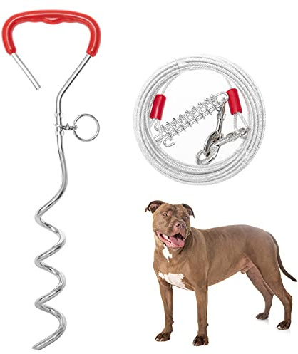 AMFOSNEL Cable de amarre y estaca para perros, correa de perro de 15 pies de largo para entrenamiento, jugar en el patio, acampar al aire libre - Cable resistente para perros medianos y grandes