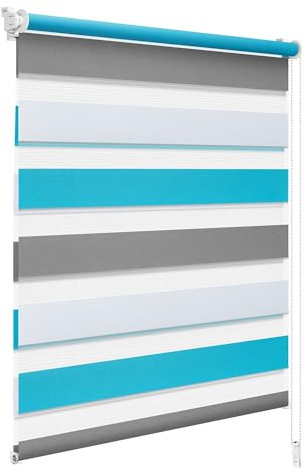 WOLTU Doppelrollo Klemmfix ohne Bohren 100x130 cm, Weiß+Grau+Türkis | Duo Rollos für innen Fenster & Tür, Zebrarollo Lichtdurchlässig Fensterrollo Seitenzugrollo Verdunkelnd, Stoffbreite 97 cm