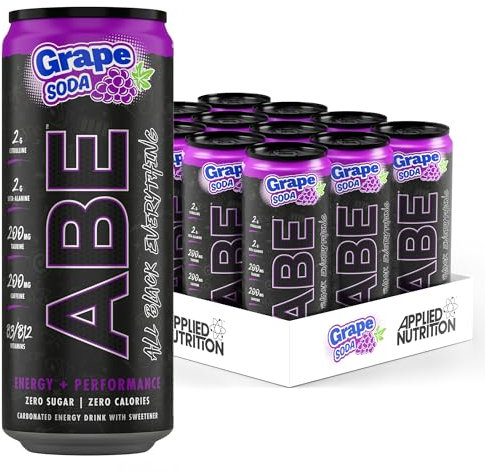 Applied Nutrition ABE Pre Workout Cans - All Black Everything Energy + Performance Drink, ABE Carbonated Beverage Sugar Free with Caffeine (Pack of 12 Cans x 330ml) (American Grape)