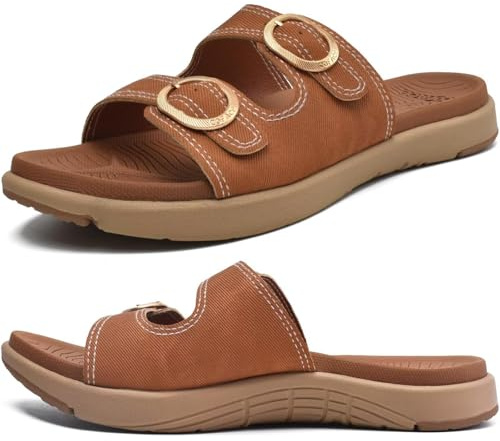 COFACE Womens Orthotic Slides Comfort Plantar Fasciitis Arch Support Slip on Flat Sandals Ladies Soft Cushion Fashion Yoga Mat Sliders With Adjustable Straps, Khaki/Beige Size 6