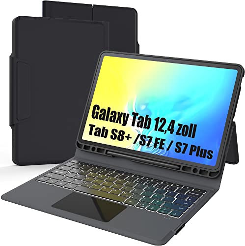 ROOFEI Tastatur Hülle für Samsung Galaxy Tab S7 FE /S8 Plus/S7 Plus 12,4 Zoll- Kabellose Deutsches QWERTZ Layout Cover mit Trackpad -Schutzhülle mit Tastatur für Samsung Tab S8+/S7 FE/S7+