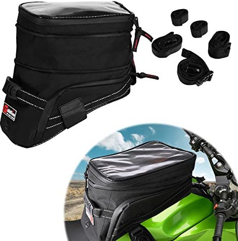 Hutexico Motorcycle Tank Bag, 1680D Oxford Water Resistant Gas Oil Fuel Tank Bag Touch Screen Phone Pouch Universal For Harley Yamaha Suzuki Kawasaki with Fastening Straps Non-slip Pad (Black)