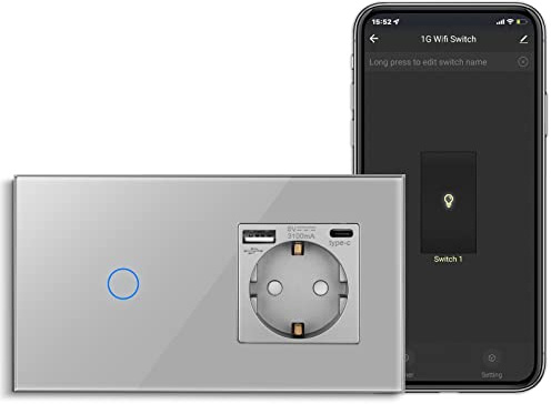 CNBINGO Interruptor de luz táctil inteligente con enchufe Schuko USB, con conector USB y tipo C (máx. 3,1 A), interruptor de luz WiFi para Alexa, Google Assistant, enchufe de pared empotrado, color