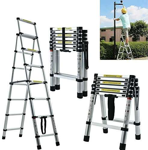 Telescopic Ladder 5+6 Step A-Frame DIY Multi-Purpose Ladder Portable Extendable Aluminum Ladders Folding Extension Ladder (1.7M+2M) Loft Ladders Foldable Ladder Collapsible Ladder, 330lb Capacity