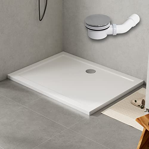 WITEN&NOCK Duschwanne 120x90 cm weiß in Hochglanz SMC Duschtasse Brausewanne flach rechteckig mit Ablaufgarnitur