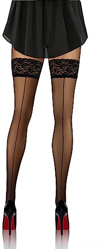 sesto senso Calze Autoreggenti Pizzo con Silicone Modello con Cucitura 20 DEN Donna Sexy Lingerie Nero 1/2 Riga