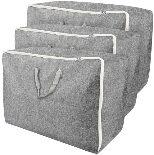3 Stück Aufbewahrungstasche für Bettdecken 60L Bettwäsche Aufbewahrungstasche 37x28x58cm Aufbewahrungstasche Groß Faltbare Tasche mit Reißverschluss Umzugstaschen für Bettdecken, Kleidung