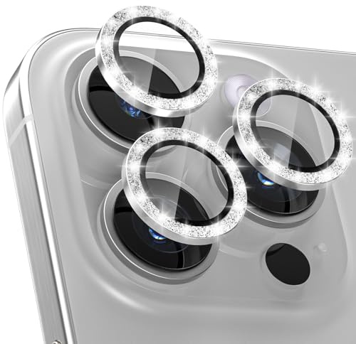 CloudValley [3 Pièces Protection Objectif Caméra Arrière pour iPhone 15 Pro 6,1'' & iPhone 15 Pro Max 6,7'', Accessoire Verre Trempé Anti-rayures Ultra Résistant Film, Pailleté Titane blanc
