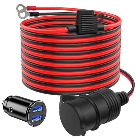 Hoembpn 2m Car Cigarette Lighter Socket Extension Cable 15AWG Power Cable with 20A Fuse 12V/24V Waterproof Heavy Duty, 12V/24V Mini Dual USB Car Charger Socket Car Boat Motorcycle,12V/24V Waterproof