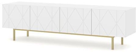 Homlando TV Schrank KAIRO180 cm 4D - Moderner TV-Möbel mit gefräster Front MDF - Lowboard mit 4 Türen für Wohnzimmer - Metallrahmen - Weiß Matt