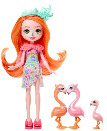 Enchantimals Sunshine Beach - Famiglia di Florinda il Fenicottero, playset con mini bambola Florinda, l'amica Twig e 2 cuccioli che formano un cuore, giocattolo per bambini, 4+ anni, HRX85