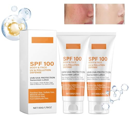CrèMe Solaire Spf 100, Lotion Solaire Spf 100, Lotion Solaire Avec Protection Uva/Uvb, CrèMe Solaire Hydratante Et Anti-âGe Visage Et Corps, Non Grasse, Waterproof (2PCS)