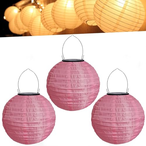 Lampions Außen Wetterfest Bunt Solar LED Laterne Warmweiß Solarlampions für Außen Hängend Lampions Solar Outdoor für Garten Hof Terrasse Hochzeit Fest Deko Hängende Gartenlaterne (20cm 3PCS/Rosa)