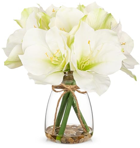 Arborus Künstliche Amaryllis im Glas 30 cm Kunstblumen Amaryllis Tischdeko | Kunstpflanzen Blüend Weiß Dekoblumen in Vase für Regal Fensterbank Balkon Deko im Haus Büro Hotel