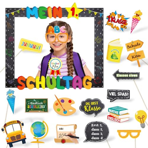 BETESSIN Einschulung Fotobox Accessoires - inkl. Mein 1. Schultag Fotorahmen und 20 Einschulung Foto Requisiten - Schuleinführung Deko - Schulanfang Photo Booth für Mädchen und Jungen