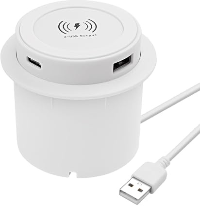 XMSJSIY Inbyggd trådlös laddare för skrivbord, 10 W, 3-i-1 USB A/typ C, pop-UP, trådlös multifunktionell snabbladdningsstation för nattduksbord, skrivbordsmöbler (vit) – 1 st