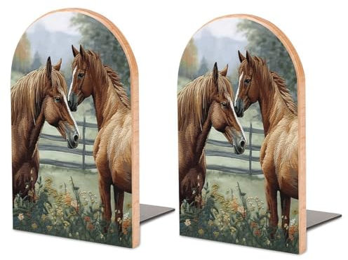 Buchstützen mit Tier-Stickerei, Pferde, Holz, Buchstützen für Regale, Buchstopper, dekorative Buchstützen, Büroschreibtisch, robuste Buchstütze, rutschfeste Buchstützen (Buche, 1 Paar)