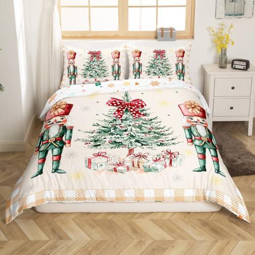 Christmas Trees Duvet Cover Single Size,Christmas Nutcracker Soft Bedding Set,Yellow Plaid Nutcracker Comforter Cover Bedding 2 Pcs (No Comforter),Winter Xmas Holiyday Quilt Cover,1 Pillowcase
