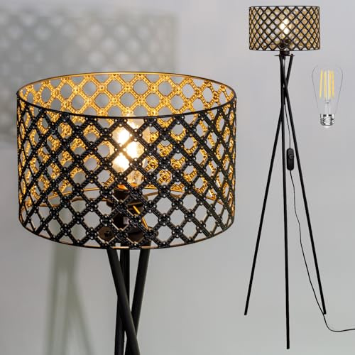 Osasy Lampadaire Trépied LED avec Abat-Jour Ajouré, Style Industriel Vintage, Dimmable avec Interrupteur Rotatif, Luminaire sur Pied pour Salon